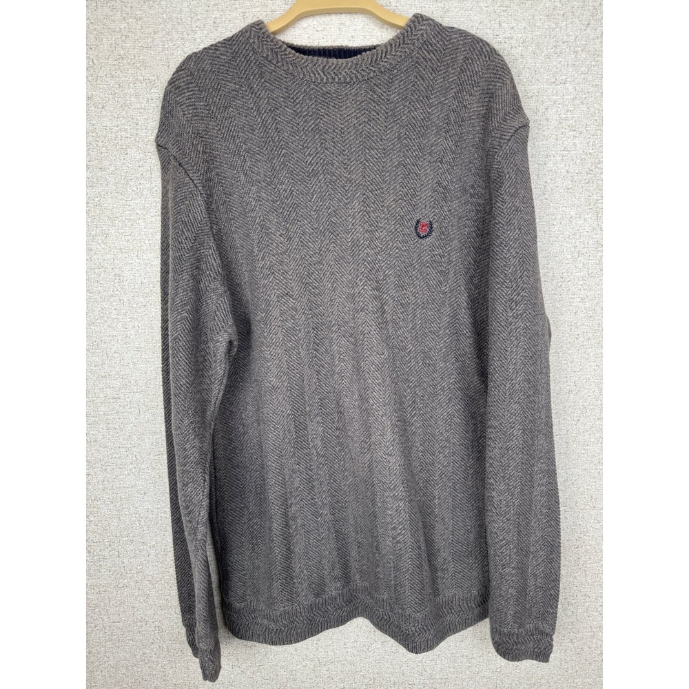 Chaps Herringbone Sweater M Gray Chevron Knit Cotton Crewneck Preppy Old Money